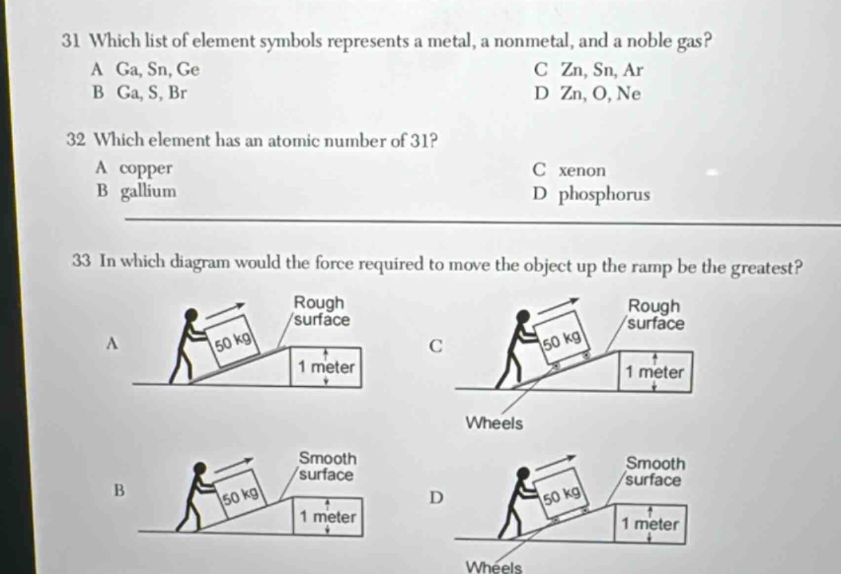 31 which list of element symbols represents a metal, a nonmetal, and a noble gas? a ga, sn, ge b ga, s, br c zn, sn, ar d zn, o, ne 32 which element has an atomic number of 31? a copper b gallium c xenon d phosphorus 33 in which diagram would the force required to move the object up the ramp be the greatest? a rough surface 50 kg 1 meter c rough surface 50 kg 1 meter wheels b smooth surface 50 kg 1 meter d smooth surface 50 kg 1 meter wheels