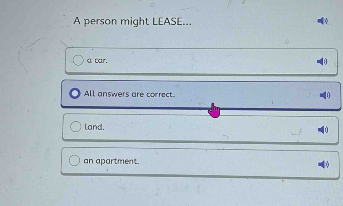 a person might lease... a car. all answers are correct. land. an apartment.