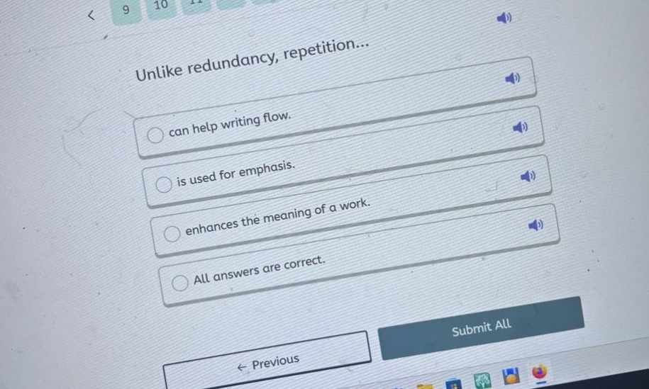 unlike redundancy, repetition... can help writing flow. is used for emphasis. enhances the meaning of a work. all answers are correct.