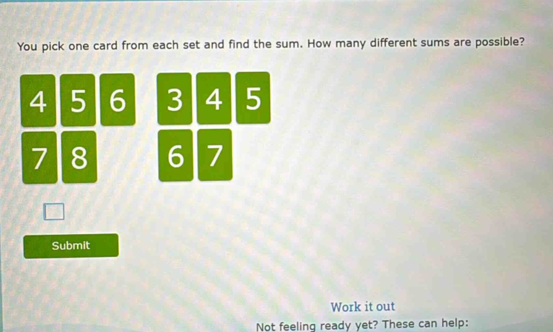 you pick one card from each set and find the sum. how many different sums are possible?