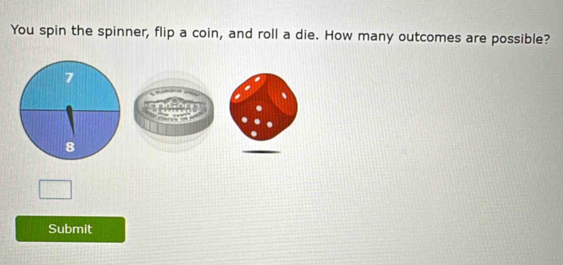 you spin the spinner, flip a coin, and roll a die. how many outcomes are possible?