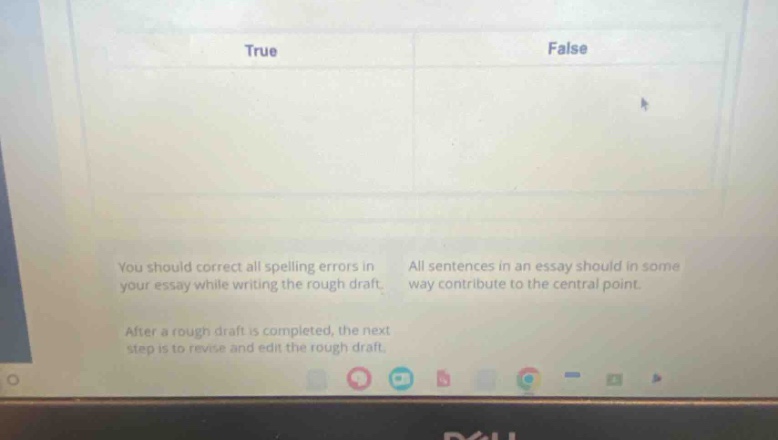 true false you should correct all spelling errors in your essay while writing the rough draft. all sentences in an essay should in some way contribute to the central point. after a rough draft is completed, the next step is to revise and edit the rough draft.
