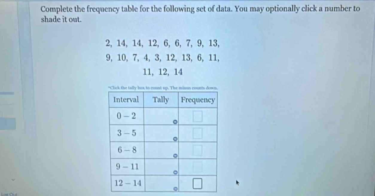 complete the frequency table for the following set of data. you may optionally click a number to shade it out. 2, 14, 14, 12, 6, 6, 7, 9, 13, 9, 10, 7, 4, 3, 12, 13, 6, 11, 11, 12, 14 *click the tally box to count up. the minus counts down. interval tally frequency 0 - 2 3 - 5 6 - 8 9 - 11 12 - 14