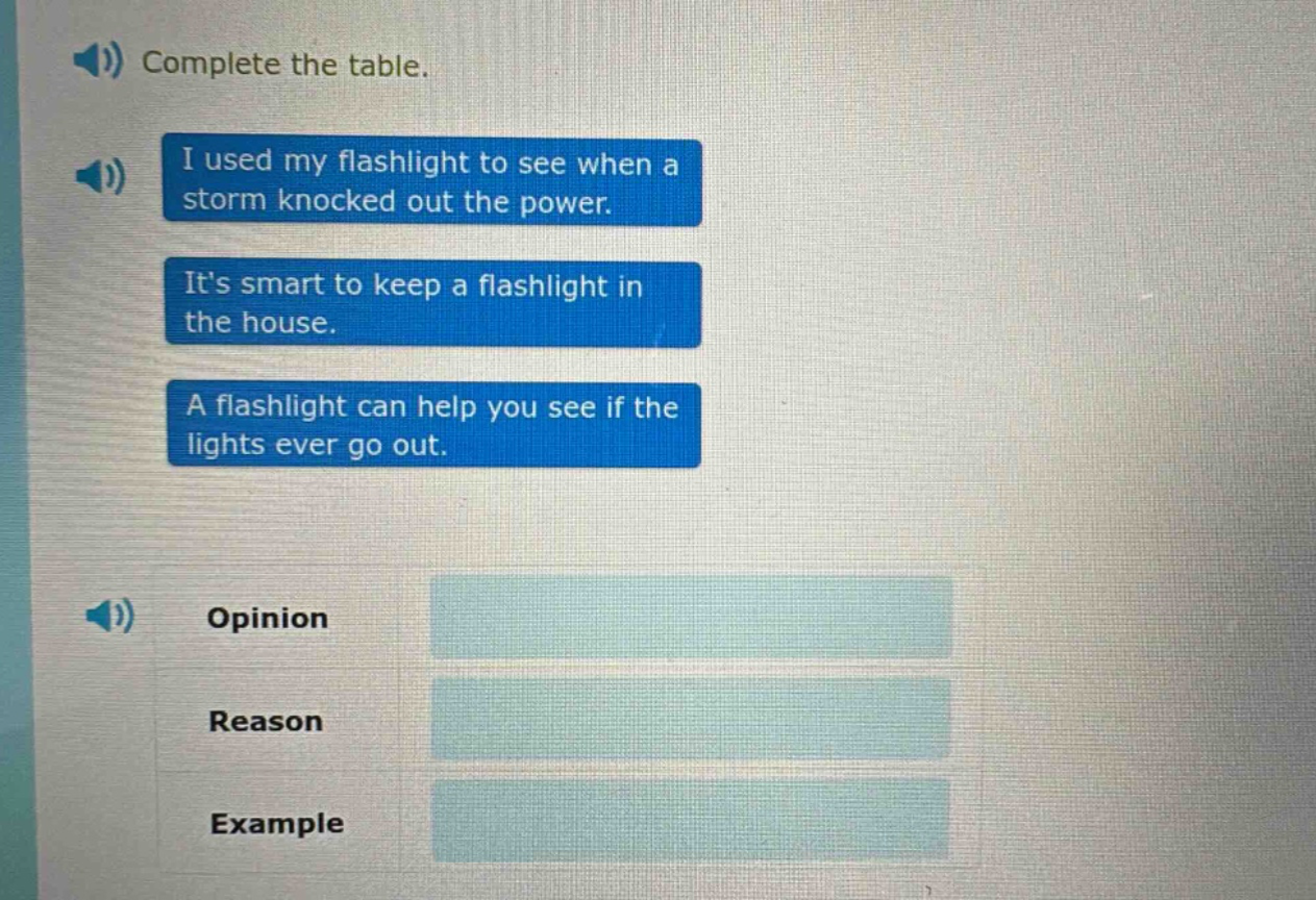 complete the table. i used my flashlight to see when a storm knocked out the power. its smart to keep a flashlight in the house. a flashlight can help you see if the lights ever go out. opinion reason example