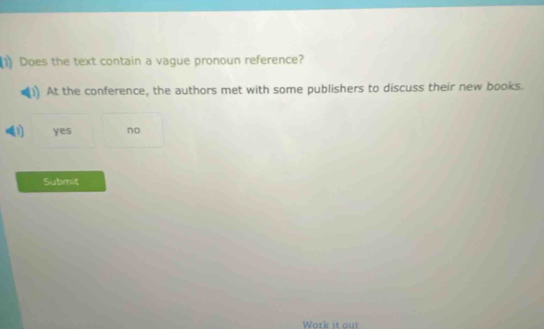 does the text contain a vague pronoun reference? at the conference, the authors met with some publishers to discuss their new books. yes no