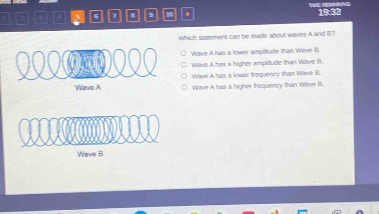 which statement can be made about waves a and b? wave a has a lower amplitude than wave b. wave a has a higher amplitude than wave b. wave a has a lower frequency than wave b. wave a has a higher frequency than wave b.