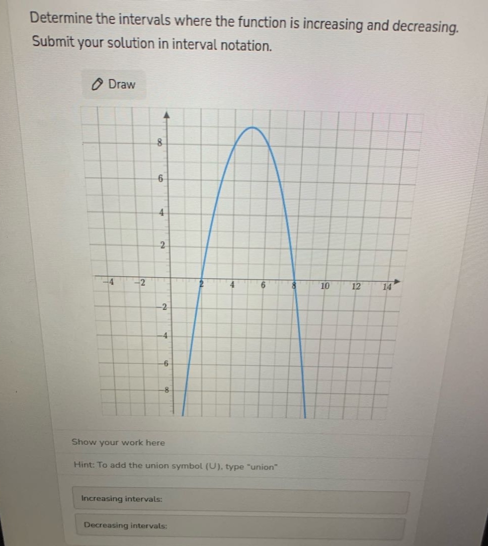 determine the intervals where the function is increasing and decreasing. submit your solution in interval notation. draw show your work here hint: to add the union symbol (u), type \union\ increasing intervals: decreasing intervals: