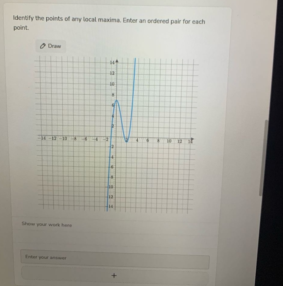 identify the points of any local maxima. enter an ordered pair for each point. draw show your work here enter your answer