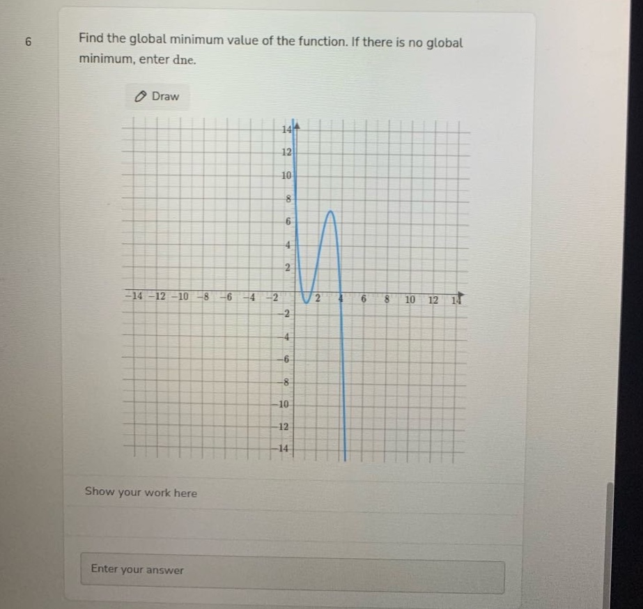 6 find the global minimum value of the function. if there is no global minimum, enter dne. draw show your work here enter your answer
