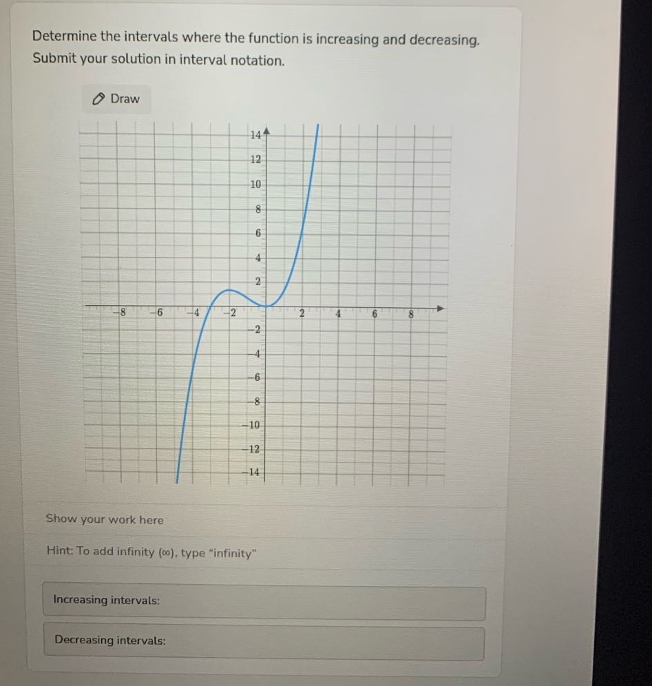 determine the intervals where the function is increasing and decreasing. submit your solution in interval notation. draw show your work here hint: to add infinity (∞), type \infinity\ increasing intervals: decreasing intervals: