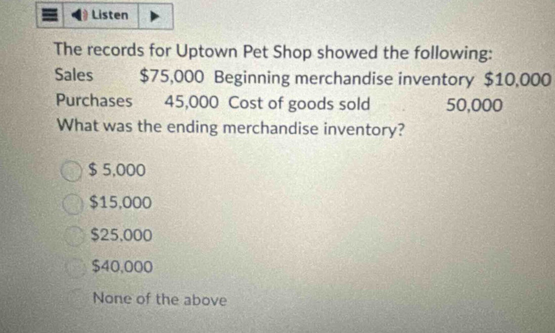 the records for uptown pet shop showed the following: sales $75,000 beginning merchandise inventory $10,000 purchases 45,000 cost of goods sold 50,000 what was the ending merchandise inventory? $5,000 $15,000 $25,000 $40,000 none of the above