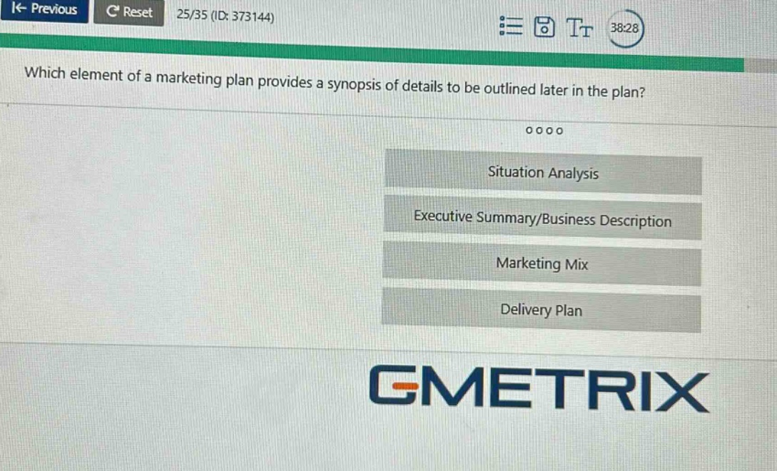 which element of a marketing plan provides a synopsis of details to be outlined later in the plan? situation analysis executive summary/business description marketing mix delivery plan
