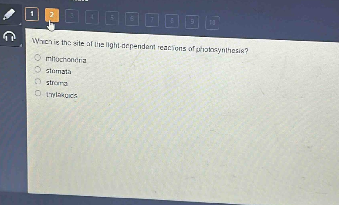 which is the site of the light - dependent reactions of photosynthesis? mitochondria stomata stroma thylakoids