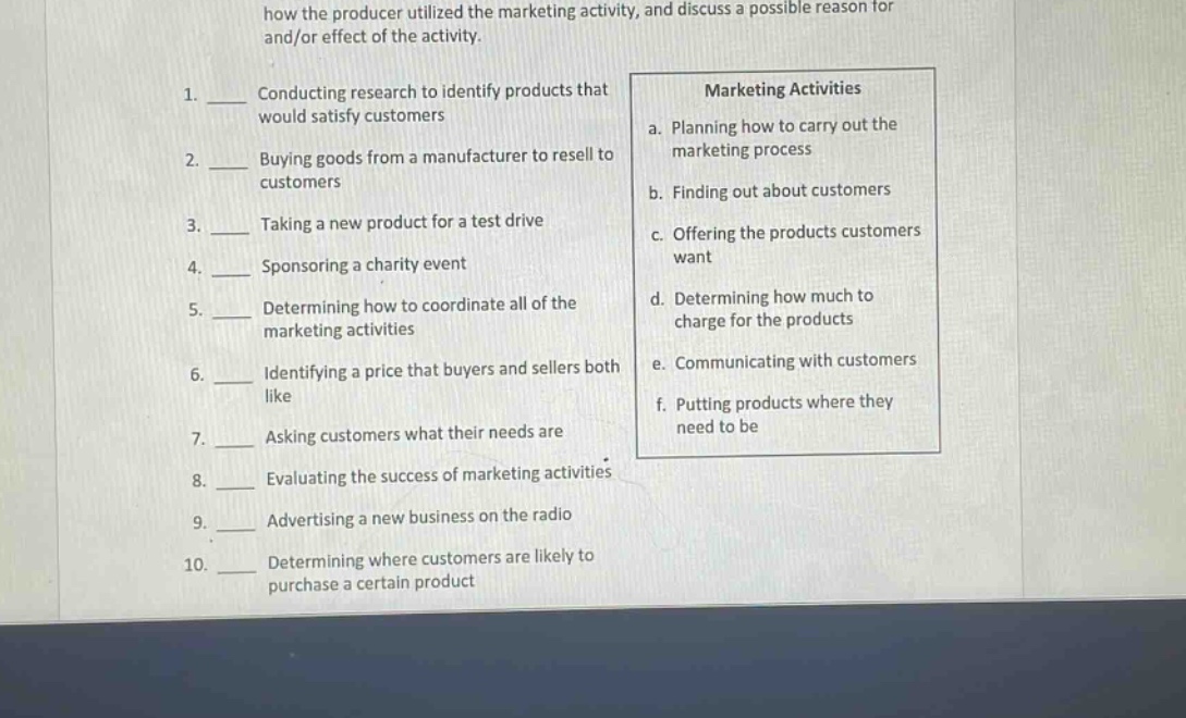 how the producer utilized the marketing activity, and discuss a possible reason for and/or effect of the activity. 1. ____ conducting research to identify products that would satisfy customers 2. ____ buying goods from a manufacturer to resell to customers 3. ____ taking a new product for a test drive 4. ____ sponsoring a charity event 5. ____ determining how to coordinate all of the marketing activities 6. ____ identifying a price that buyers and sellers both like 7. ____ asking customers what their needs are 8. ____ evaluating the success of marketing activities 9. ____ advertising a new business on the radio 10. ____ determining where customers are likely to purchase a certain product marketing activities a. planning how to carry out the marketing process b. finding out about customers c. offering the products customers want d. determining how much to charge for the products e. communicating with customers f. putting products where they need to be