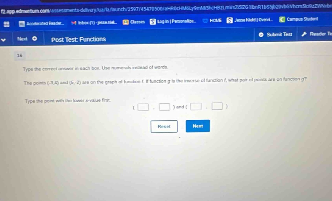 type the correct answer in each box. use numerals instead of words. the points (-3,4) and (5,-2) are on the graph of function f. if function g is the inverse of function f, what pair of points are on function g? type the point with the lower x - value first. ( ) and ( )
