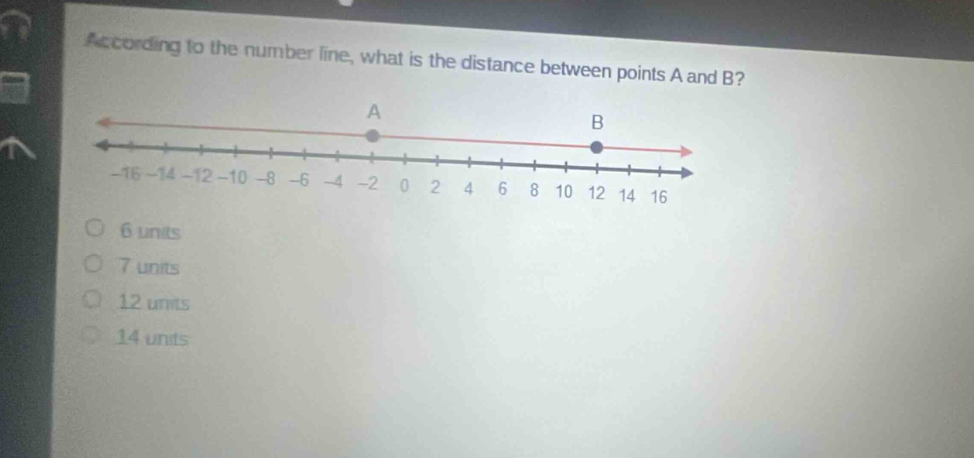 according to the number line, what is the distance between points a and b? -16 -14 -12 -10 -8 -6 -4 -2 0 2 4 6 8 10 12 14 16 a b 6 units 7 units 12 units 14 units