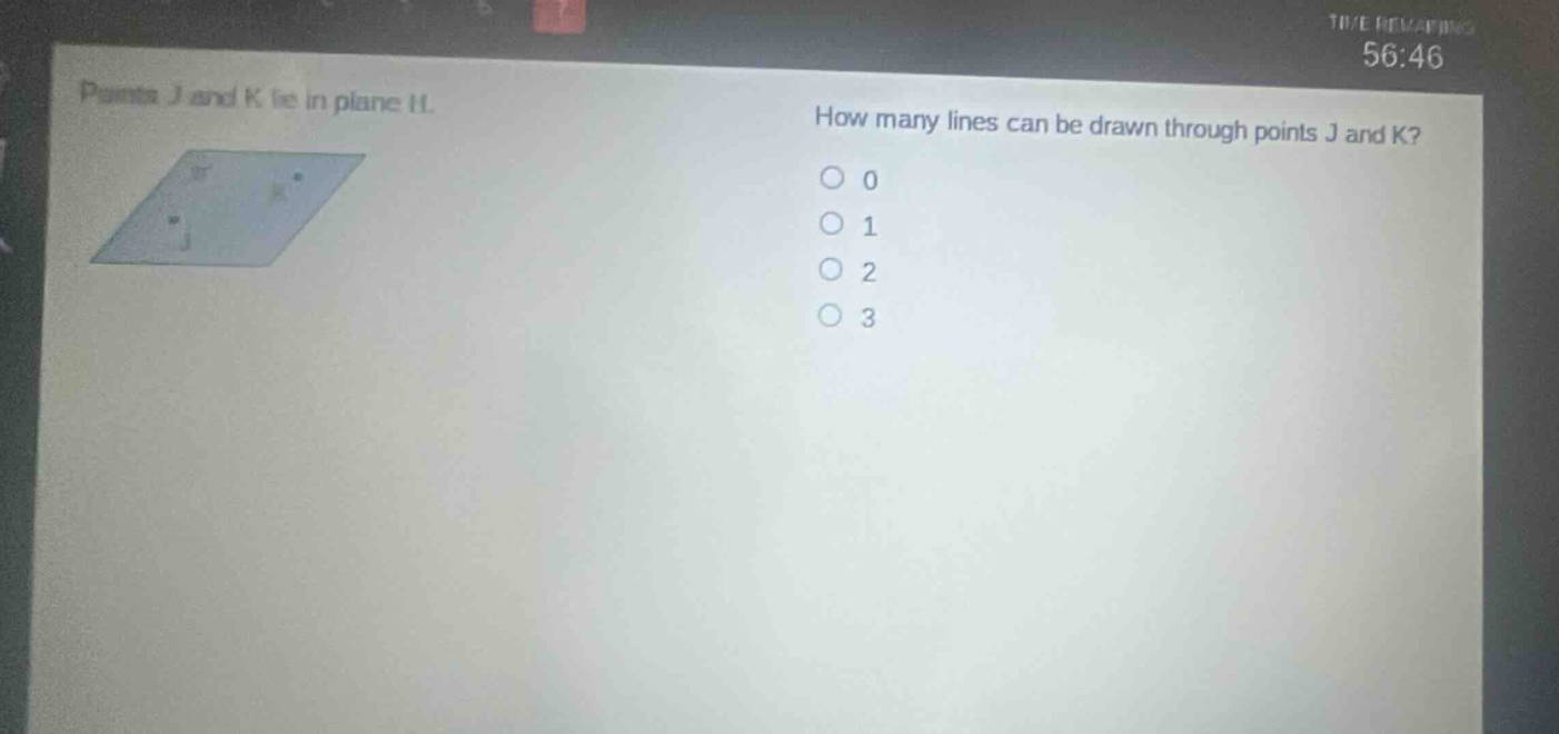 points j and k lie in plane h. how many lines can be drawn through points j and k? 0 1 2 3