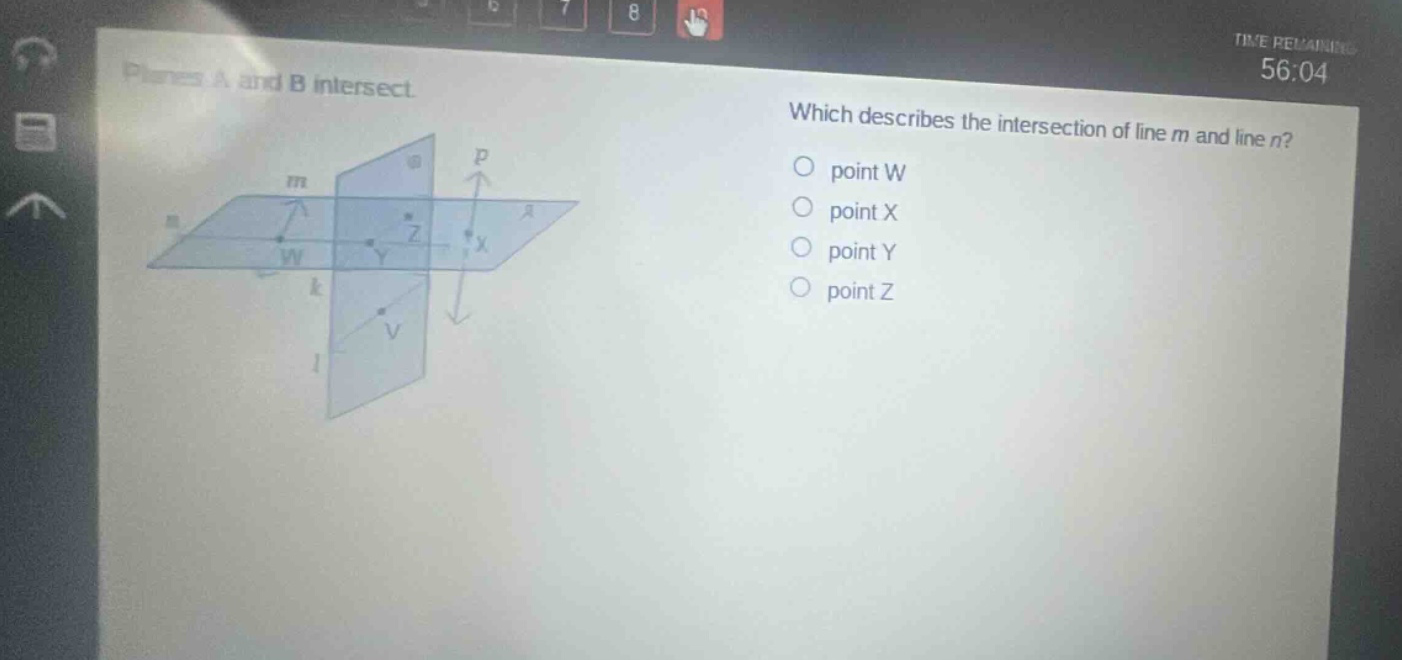planes a and b intersect. which describes the intersection of line m and line n? point w point x point y point z