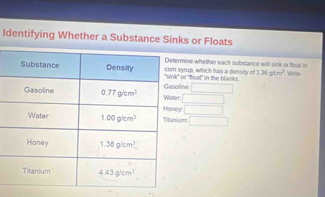 identifying whether a substance sinks or floats\nsubstance density\ngasoline 0.77 g/cm³\nwater 1.00 g/cm³\nhoney 1.38 g/cm³\ntitanium 4.43 g/cm³\ndetermine whether each substance will sink or float in corn syrup, which has a density of 1.36 g/cm³. write \sink\ or \float\ in the blanks.\ngasoline: \nwater: \nhoney: \ntitanium: