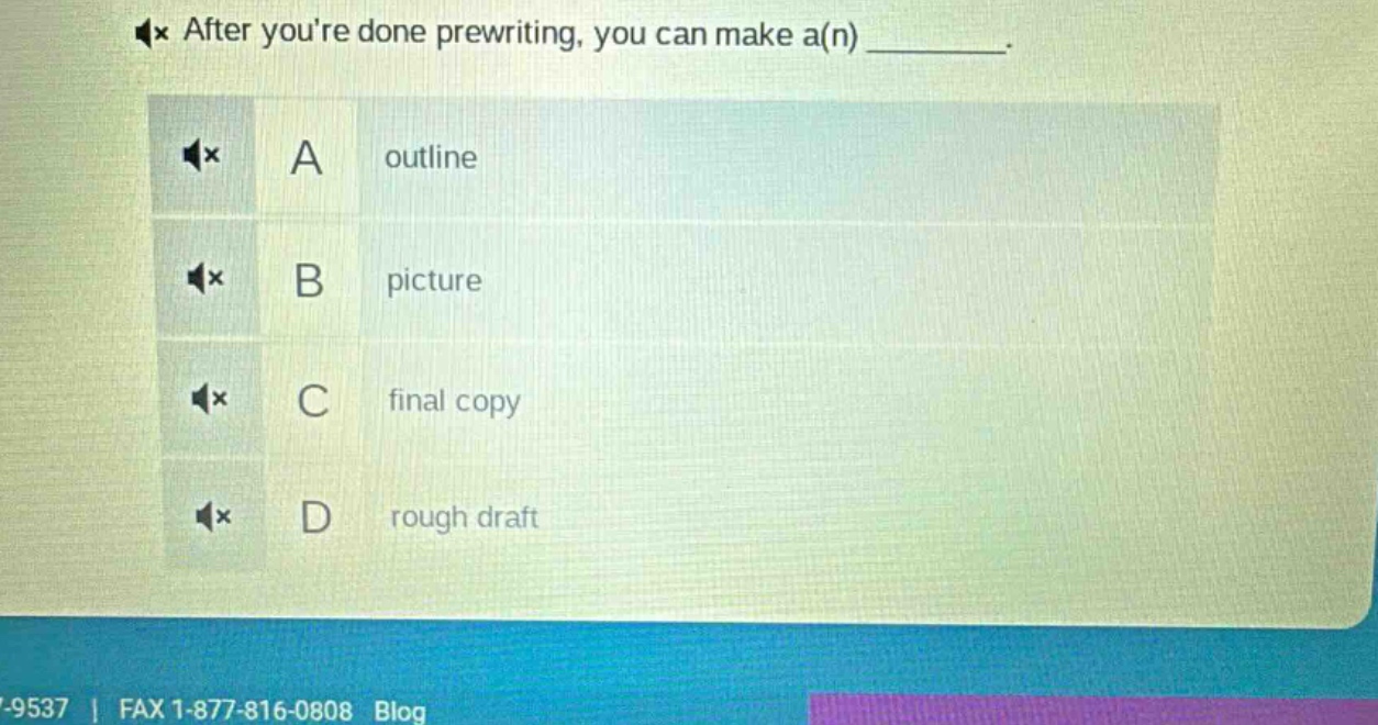 after youre done prewriting, you can make a(n) ________. a outline b picture c final copy d rough draft