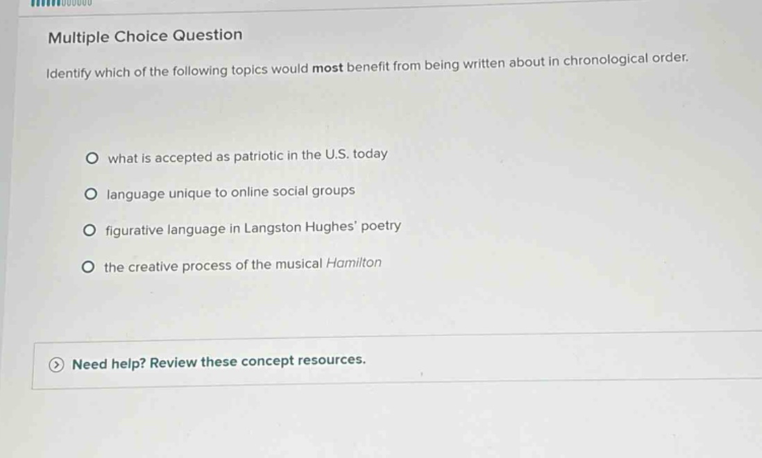 multiple choice question identify which of the following topics would most benefit from being written about in chronological order. what is accepted as patriotic in the u.s. today language unique to online social groups figurative language in langston hughes poetry the creative process of the musical hamilton need help? review these concept resources.
