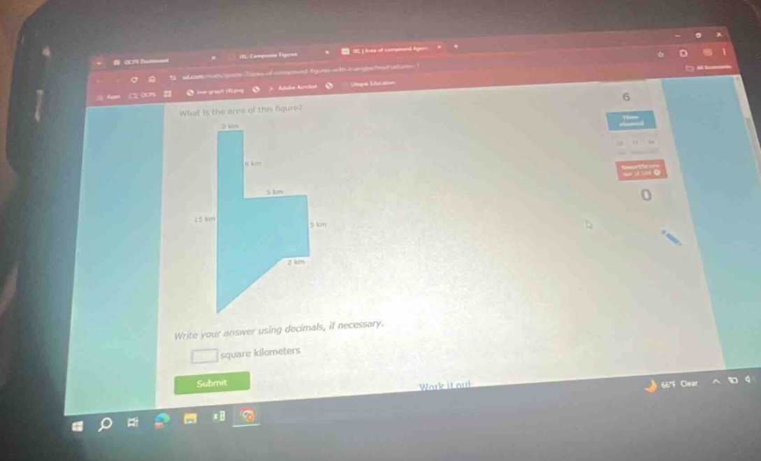 what is the area of this figure? write your answer using decimals, if necessary. square kilometers