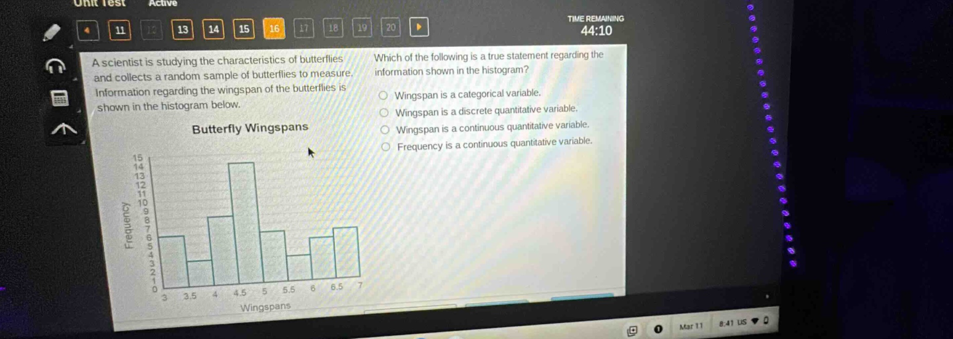 a scientist is studying the characteristics of butterflies and collects a random sample of butterflies to measure. information regarding the wingspan of the butterflies is shown in the histogram below. which of the following is a true statement regarding the information shown in the histogram? wingspan is a categorical variable. wingspan is a discrete quantitative variable. wingspan is a continuous quantitative variable. frequency is a continuous quantitative variable. butterfly wingspans
