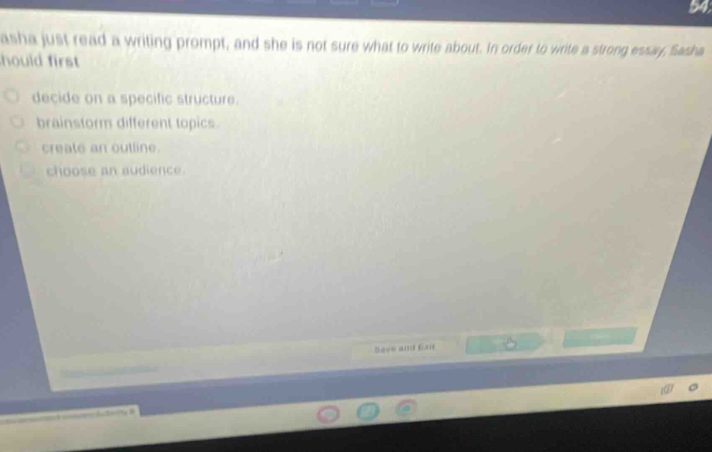 sasha just read a writing prompt, and she is not sure what to write about. in order to write a strong essay, sasha should first decide on a specific structure. brainstorm different topics. create an outline. choose an audience.