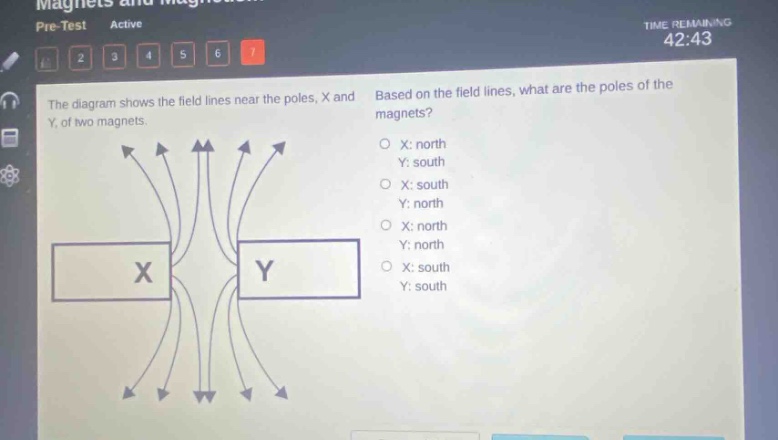 the diagram shows the field lines near the poles, x and y, of two magnets. based on the field lines, what are the poles of the magnets? o x: north y: south o x: south y: north o x: north y: north o x: south y: south