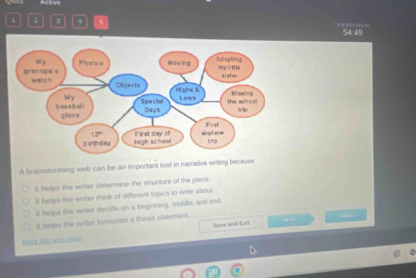 a brainstorming web can be an important tool in narrative writing because it helps the writer determine the structure of the piece. it helps the writer think of different topics to write about. it helps the writer decide on a beginning, middle, and end. it helps the writer decide on a beginning statement. it helps the writer formulate a thesis statement.
