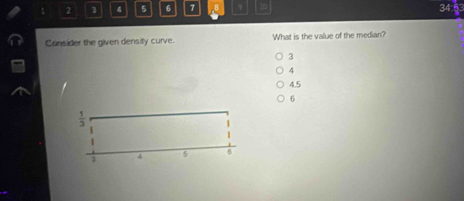 consider the given density curve. what is the value of the median? 3 4 4.5 6