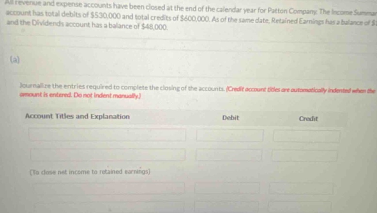 all revenue and expense accounts have been closed at the end of the calendar year for patton company. the income summary account has total debits of $530,000 and total credits of $600,000. as of the same date, retained earnings has a balance of $1 and the dividends account has a balance of $48,000. (a) journalize the entries required to complete the closing of the accounts. (credit account titles are automatically indented when the amount is entered. do not indent manually.) account titles and explanation debit credit (to close net income to retained earnings)