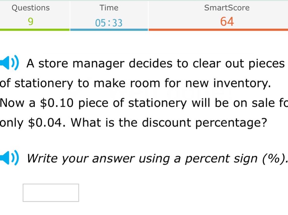 a store manager decides to clear out pieces of stationery to make room for new inventory. now a $0.10 piece of stationery will be on sale for only $0.04. what is the discount percentage? write your answer using a percent sign (%).