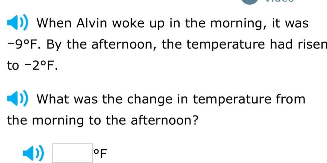 when alvin woke up in the morning, it was -9°f. by the afternoon, the temperature had risen to -2°f. what was the change in temperature from the morning to the afternoon? °f