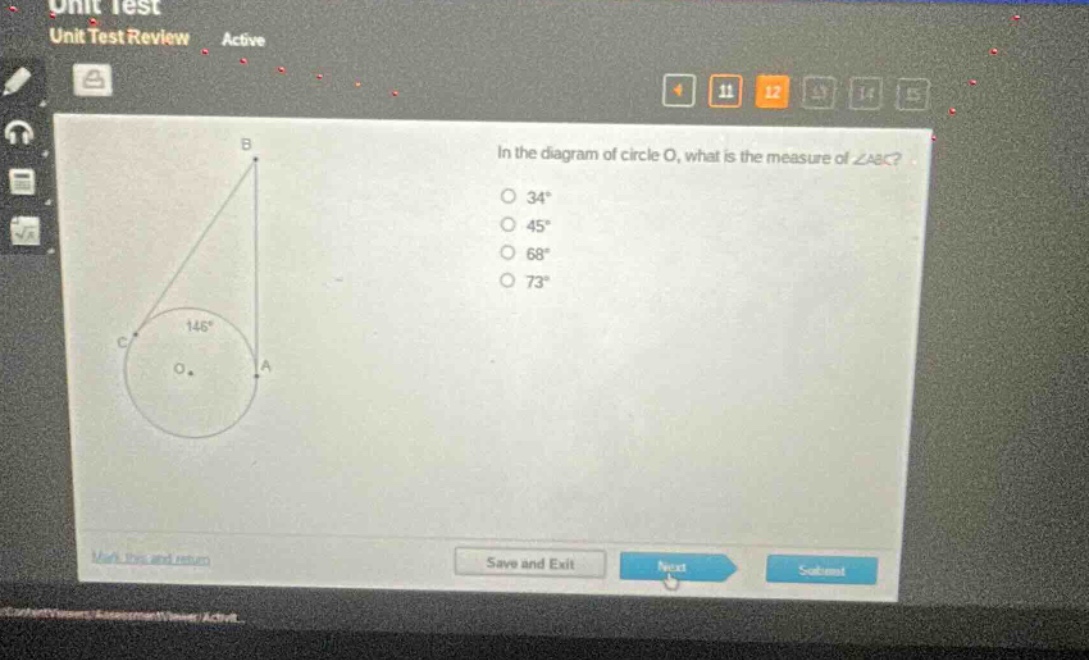 in the diagram of circle o, what is the measure of ∠abc? 34° 45° 68° 73°