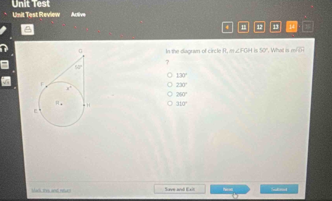 in the diagram of circle r, m∠fgh is 50°. what is mfeh? 130° 230° 260° 310°