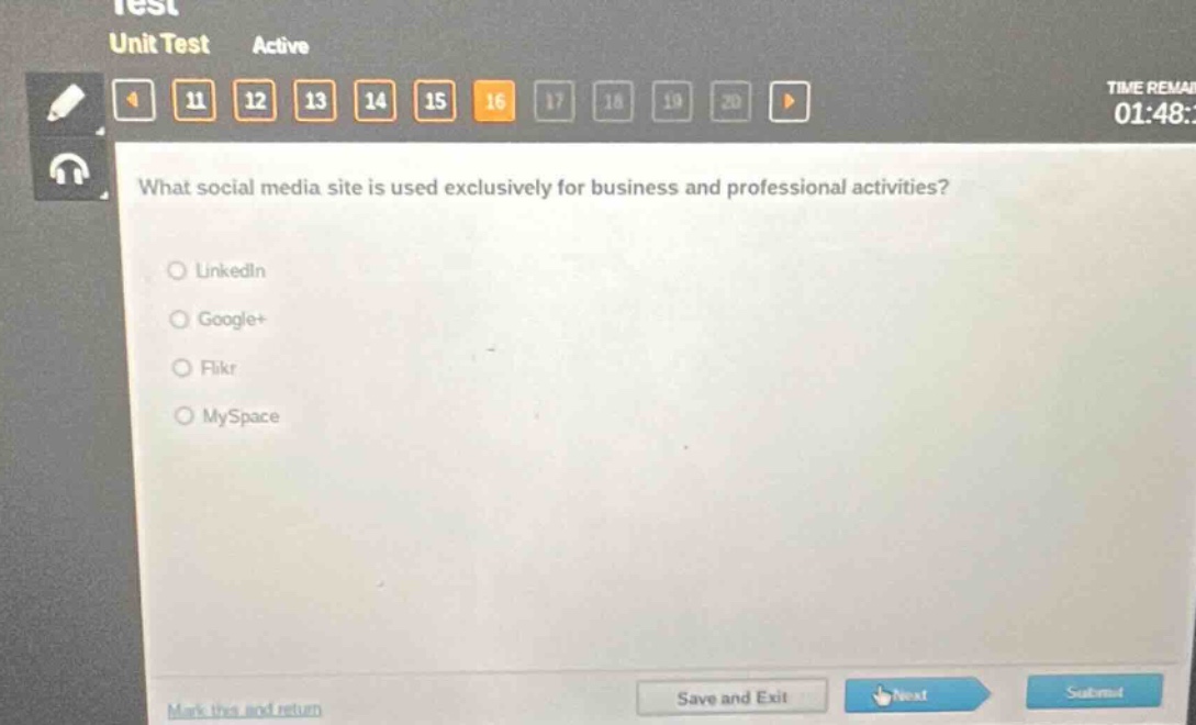 what social media site is used exclusively for business and professional activities?\n\n○ linkedin\n○ google+\n○ flikr\n○ myspace