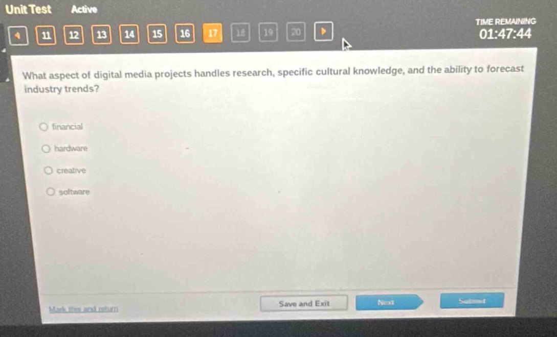 what aspect of digital media projects handles research, specific cultural knowledge, and the ability to forecast industry trends?\nfinancial\nhardware\ncreative\nsoftware