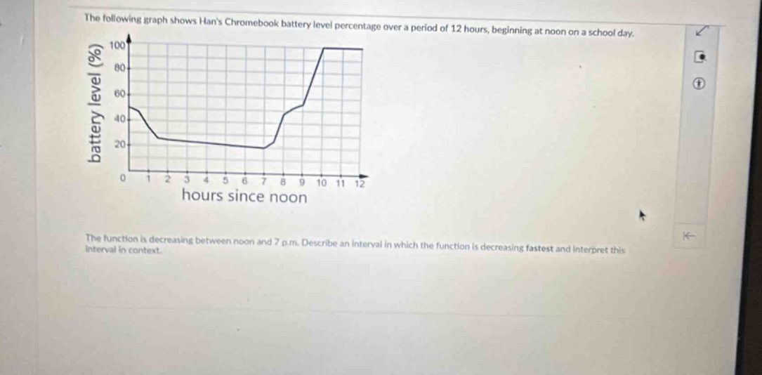 the following graph shows hans chromebook battery level percentage over a period of 12 hours, beginning at noon on a school day. the function is decreasing between noon and 7 p.m. describe an interval in which the function is decreasing fastest and interpret this interval in context.