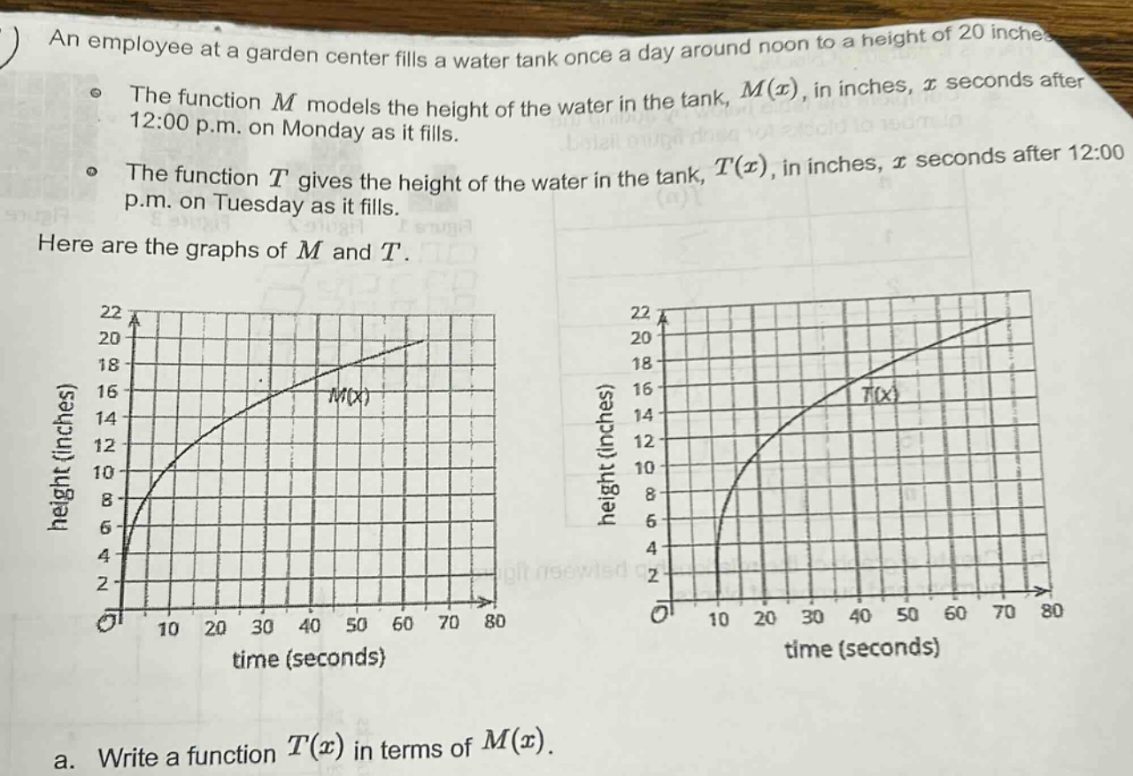 an employee at a garden center fills a water tank once a day around noon to a height of 20 inches. the function m models the height of the water in the tank, m(x), in inches, x seconds after 12:00 p.m. on monday as it fills. the function t gives the height of the water in the tank, t(x), in inches, x seconds after 12:00 p.m. on tuesday as it fills. here are the graphs of m and t. a. write a function t(x) in terms of m(x).
