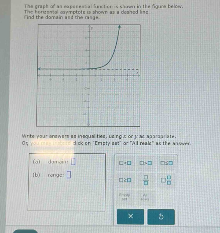 the graph of an exponential function is shown in the figure below. the horizontal asymptote is shown as a dashed line. find the domain and the range. write your answers as inequalities, using x or y as appropriate. or, you may instead click on \empty set\ or \all reals\ as the answer. (a) domain: (b) range: