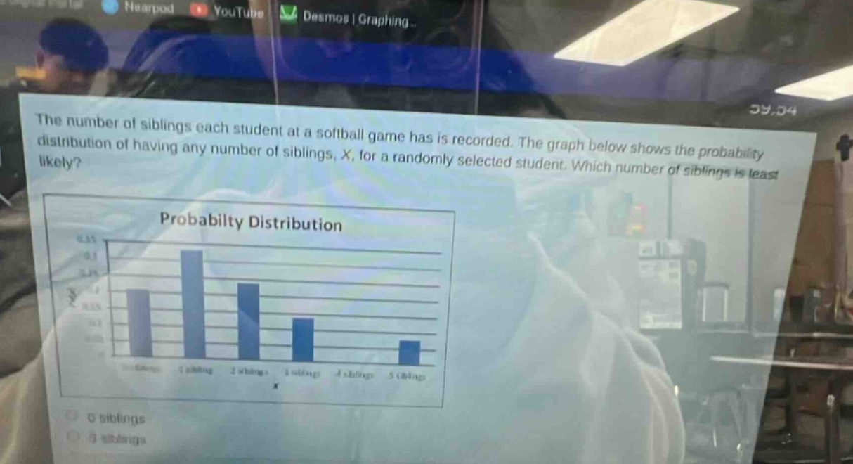 the number of siblings each student at a softball game has is recorded. the graph below shows the probability distribution of having any number of siblings, x, for a randomly selected student. which number of siblings is least likely? probability distribution
