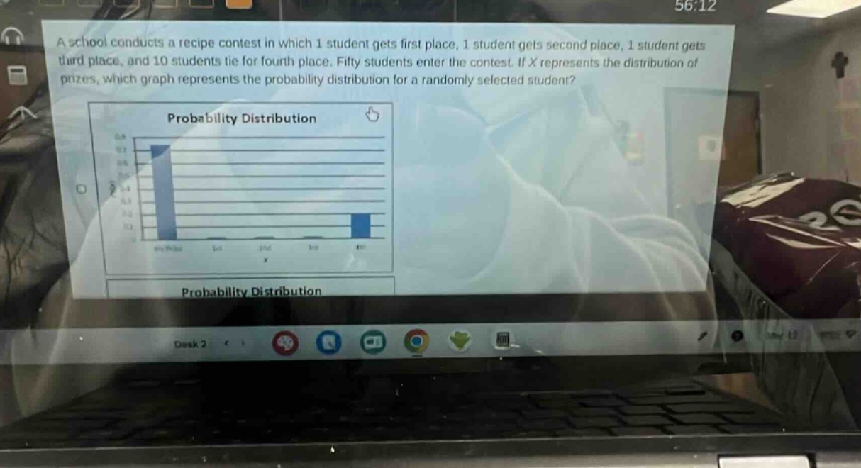 a school conducts a recipe contest in which 1 student gets first place, 1 student gets second place, 1 student gets third place, and 10 students tie for fourth place. fifty students enter the contest. if x represents the distribution of prizes, which graph represents the probability distribution for a randomly selected student? probability distribution probability distribution
