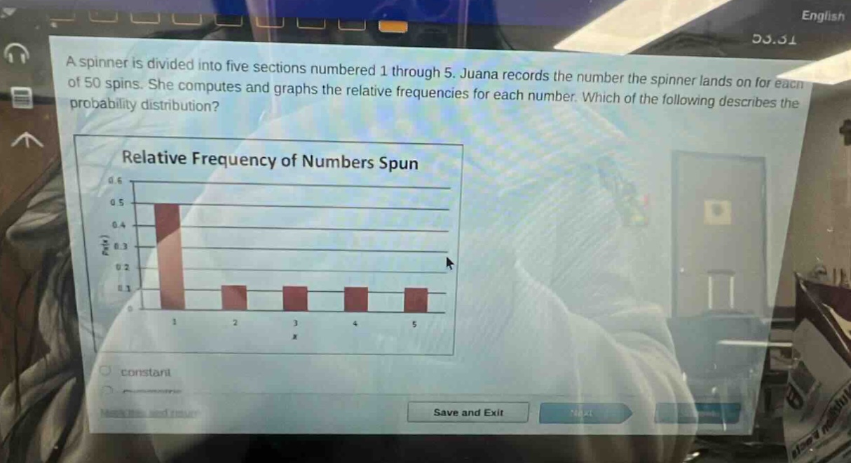 a spinner is divided into five sections numbered 1 through 5. juana records the number the spinner lands on for each of 50 spins. she computes and graphs the relative frequencies for each number. which of the following describes the probability distribution? relative frequency of numbers spun