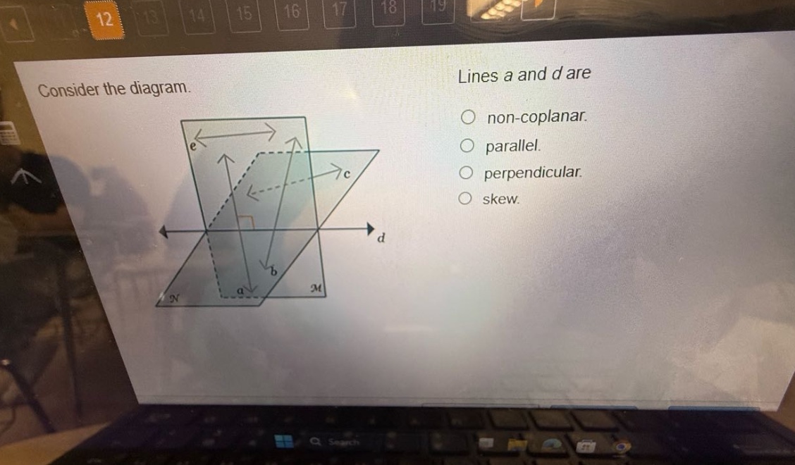 consider the diagram. lines a and d are non - coplanar. parallel. perpendicular. skew.