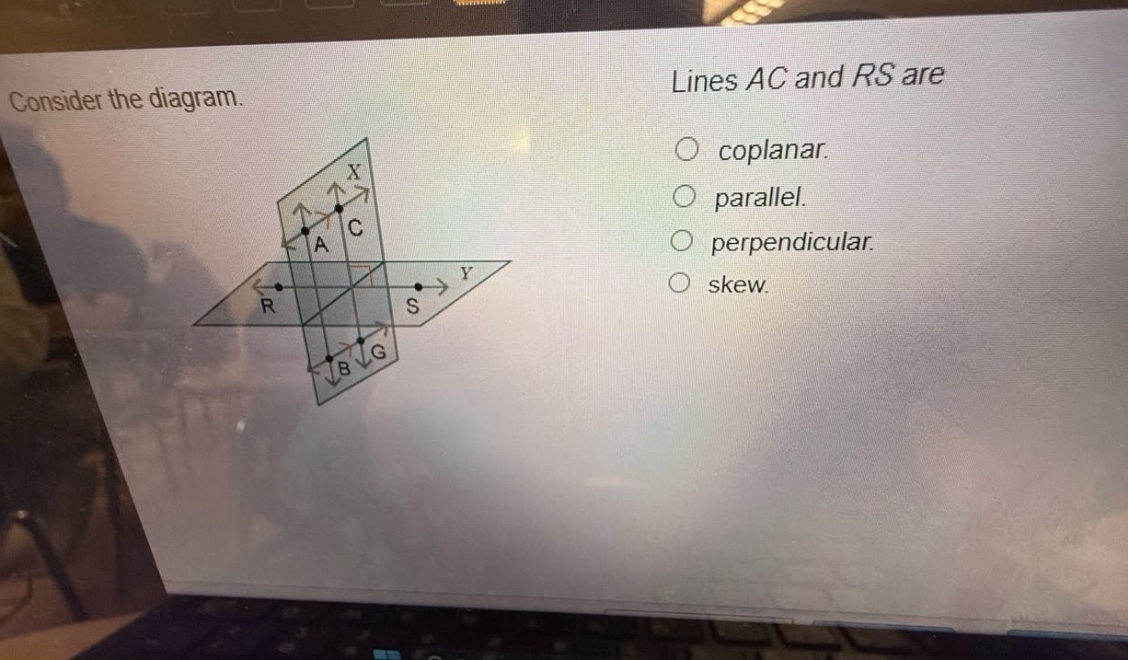 consider the diagram. lines ac and rs are coplanar. parallel. perpendicular. skew.