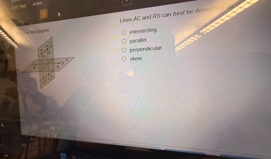 consider the diagram. lines ac and rs can best be described as intersecting. parallel. perpendicular. skew.