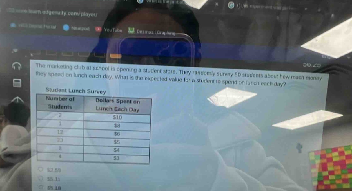 the marketing club at school is opening a student store. they randomly survey 50 students about how much money they spend on lunch each day. what is the expected value for a student to spend on lunch each day? student lunch survey number of students dollars spent on lunch each day 2 $10 1 $8 12 $6 23 $5 8 $4 4 $3