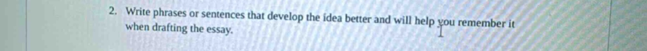 2. write phrases or sentences that develop the idea better and will help you remember it when drafting the essay.