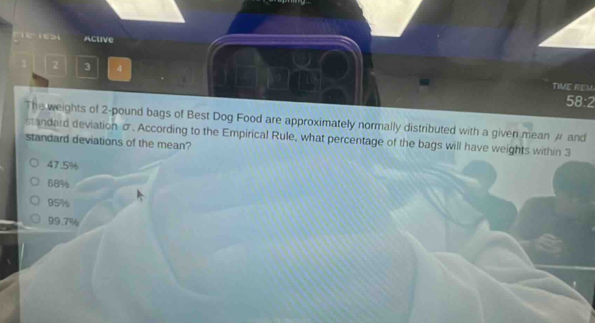 the weights of 2 - pound bags of best dog food are approximately normally distributed with a given mean μ and standard deviation σ. according to the empirical rule, what percentage of the bags will have weights within 3 standard deviations of the mean? 47.5% 68% 95% 99.7%
